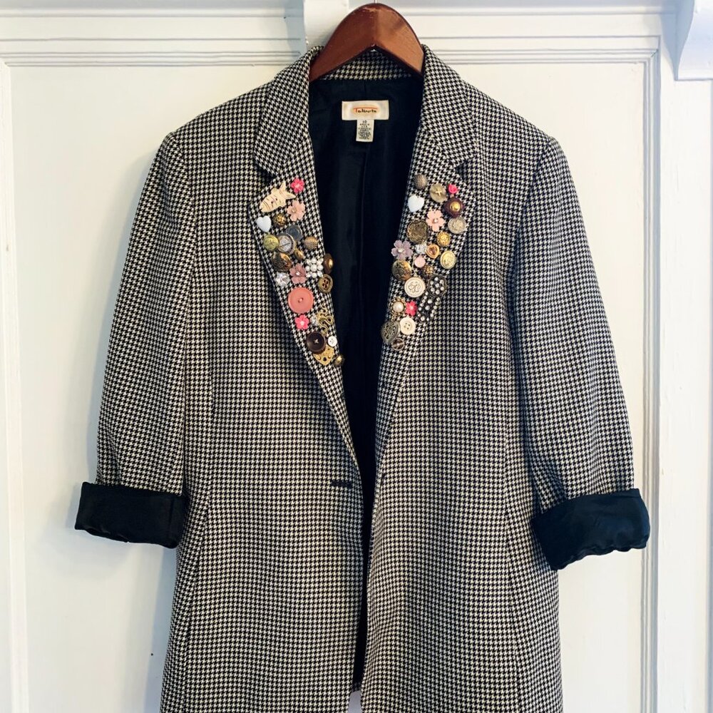 Vintage Houndstooth 100% wool blazer with hand-sewn vintage embellishments